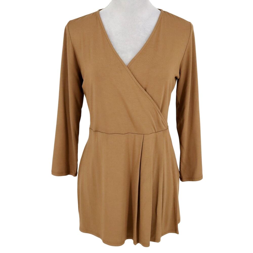 J Jill Wearever Top Womens XS Brown Camel Stretch Knit Faux Wrap Blouse Pullover
